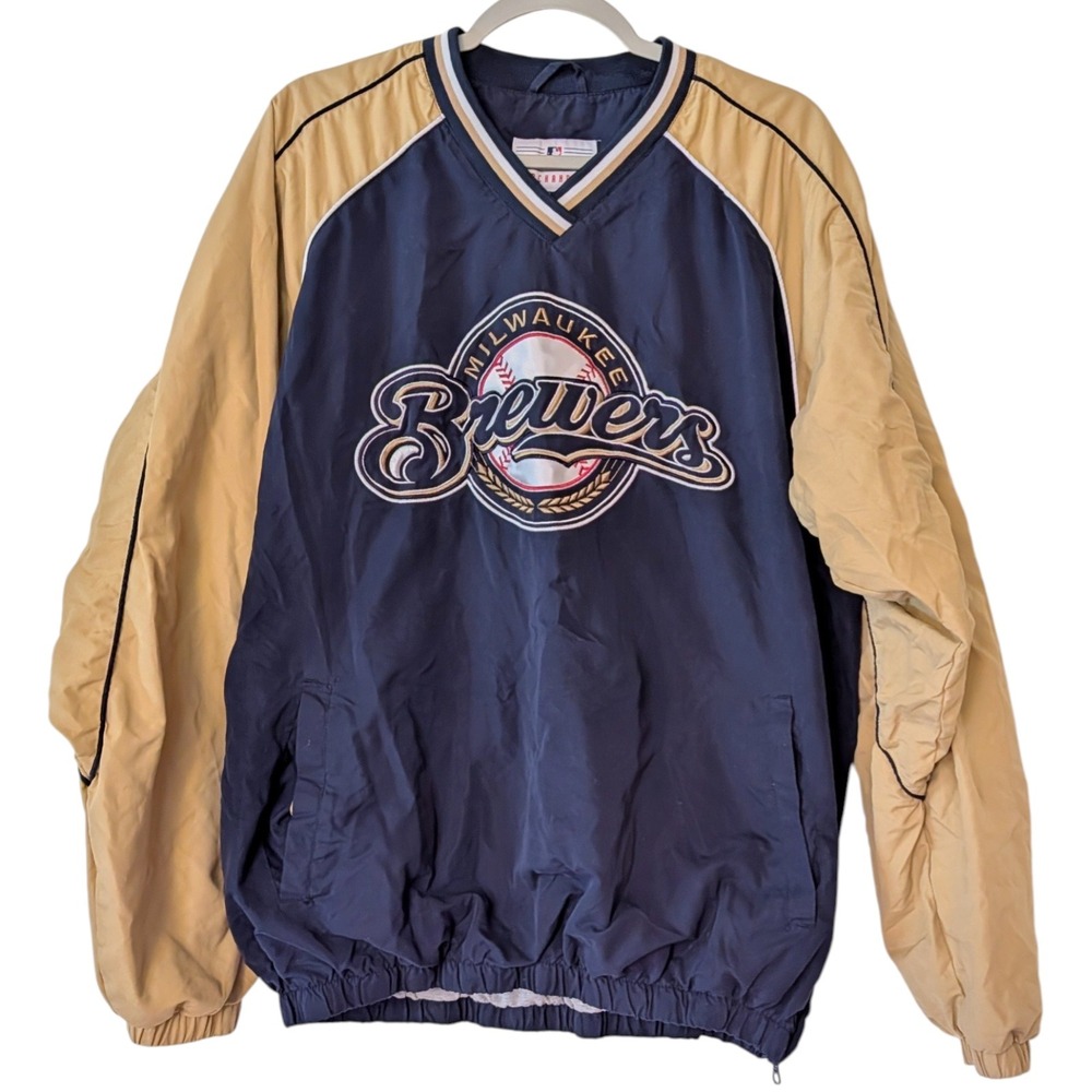 Milwaukee Brewers MLB Pullover Windbreaker Jacket Mens Large Navy Gold Baseball